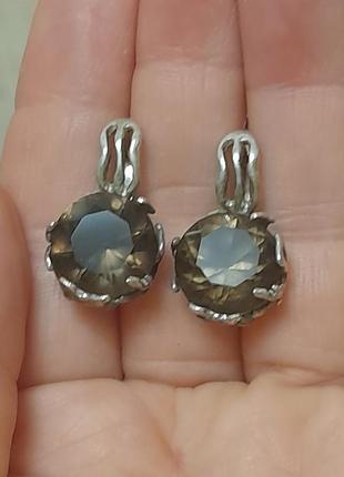 Фантастические гигантские раух-топазы 12 (!) мм в диаметре в серебряных серьгах 925 пробы