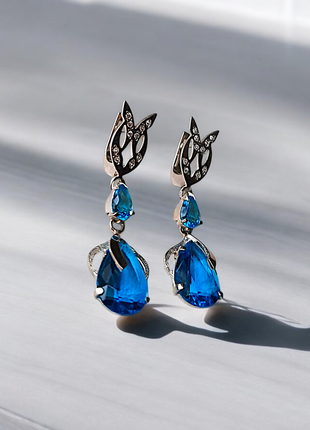 🛍 серьги серебро с золотом топаз имитация синий