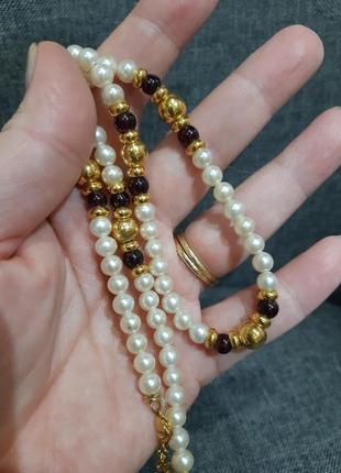 Бусы колье, гранат, позолота, жемчужины стекло (майорка?), тяжелые, американский винтаж