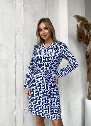 Женское легкое платье мини свободного кроя с поясом американский креп жатка