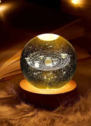 Ночник 3d хрустальный шар "солнечная система"  led подсветка на деревянной подставке usb