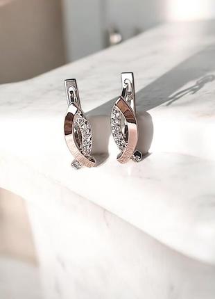 🛍 серьги серебро с золотом цирконий белый