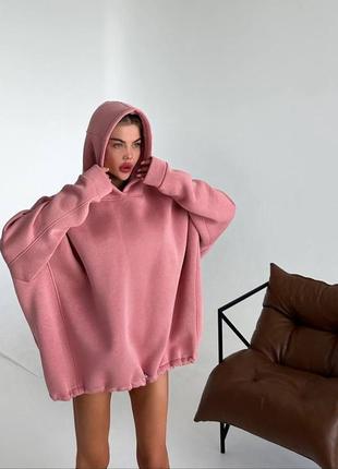 Худи женское оверсайз теплое на флисе с капишоном на затяжках свободного кроя качественное стильное повседневное серое хаки