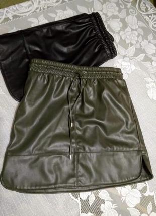 Классная стильная юбка мини экокожа    хаки hema5 фото