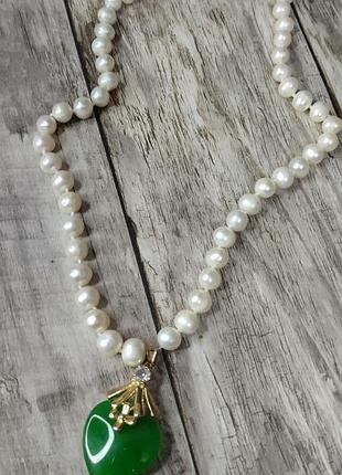 Кольє натуральний жемчуг перли кулон нефрит позолота вінтаж
