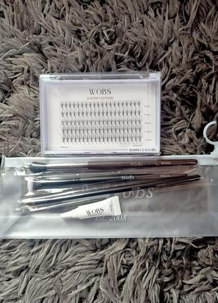 Набор wobs пучковые накладные ресницы + клей + набор косточек в косметичке