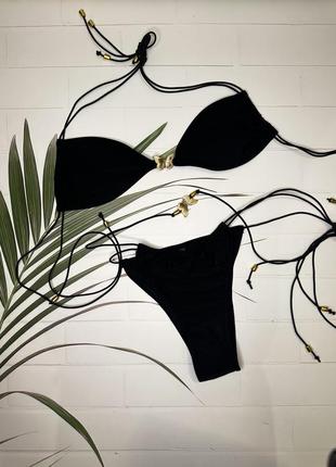 Черный и белый молочный женский купальник на завязках с чашками золотыми бабочки бикини