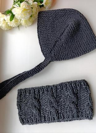 Чепчик жіночий ретро через  зав'язки косинка тепла в'язана