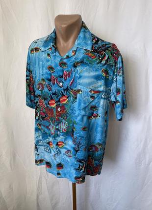 Яркая гавайка голубая пляжная гавайская рубашка принт рыбы рыбки море океан винтаж аквариум короткий рукав