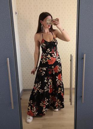 Длинное платье h&m, летний сарафан, чёрное платье h&m, нарядное платье на бретелях, длинное платье в пол, платье в цветочный принт
