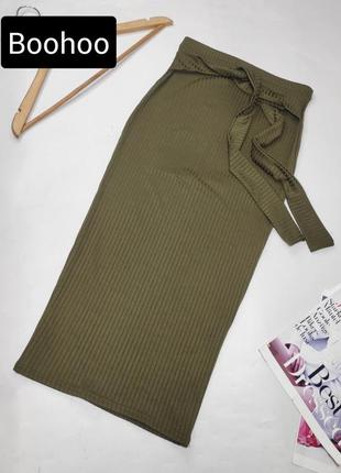 Юбка женская миди карандаш в рубчик с поясом зеленого цвета от бренда boohoo xs s