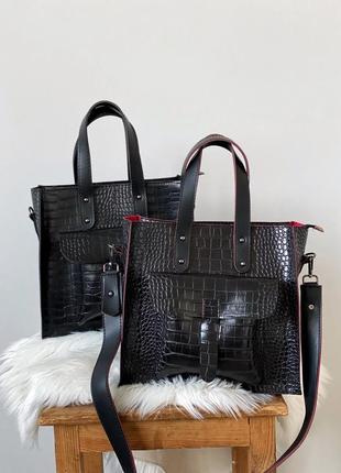 Чёрная с красным выворотом женская сумка шоппер на длинном ремешке3 фото