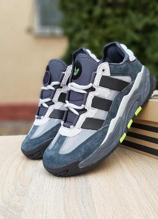Мужские качественные и стильные кроссовки adidas niteball серые с салатовым