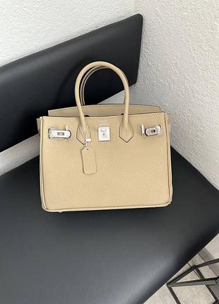 Сумка birkin 30 см бежевая мокко кожаная серебряная фурнитура