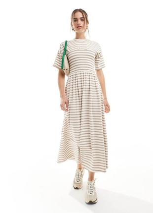 Платье-футболка длинная asos с гофрированным бюстом в полоску размер 38