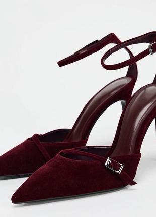 Туфлі zara оксамитові бордо високий каблук каблуки туфлі
