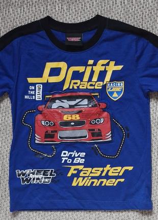 Футболка с коротким рукавом для мальчика синяя с автомобилем - кармашком