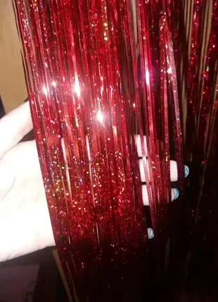Дощик для ялинки з голограмою 1 м на 10 см червоний