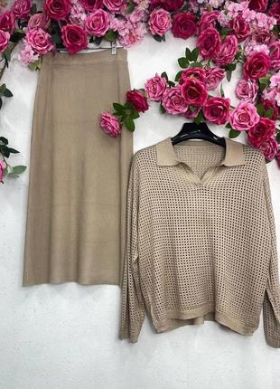 Жіночий елегантний класичний костюм спідниця міді светр жіночий базовий діловий костюм светр спідниця3 фото