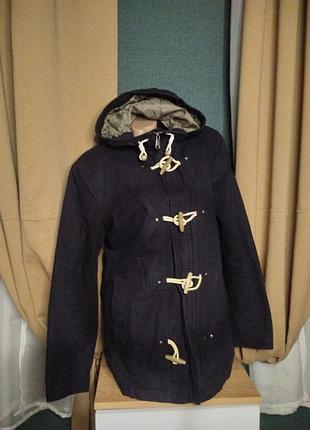 Женское синее короткое пальто с капюшоном