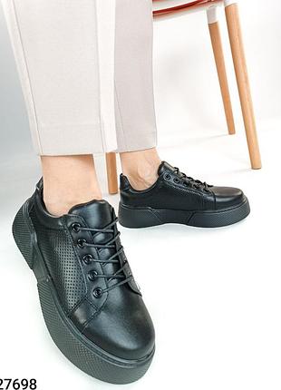 Розпродаж натуральні шкіряні чорні кеди - кросівки на високій підошві