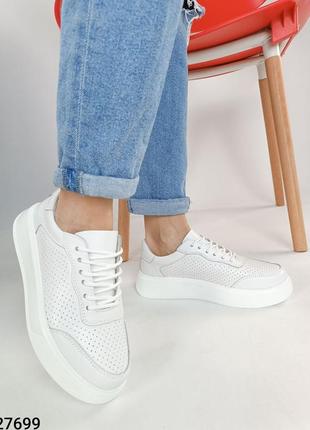 Натуральні шкіряні білі кеди - кросівки на високій підошві