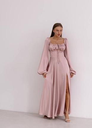 Накладной платеж 🏷 праздничное бюстье сатиновое платье макси с разрезом и рукавами фонариками