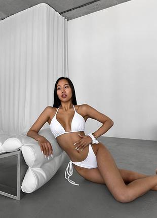 Белый купальник на завязках, раздельный купальник трусики бразилиана, купальник треугольники