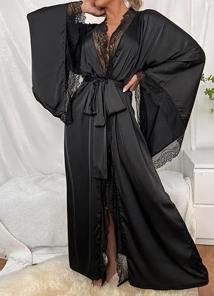Халат шовковий чорний довгий з мереживом новий брендовий victoria’s secret