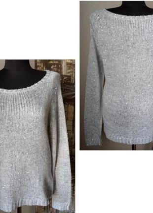 Красивый свитер с пайетками, цвет светло-серый, размер л, полиэстер