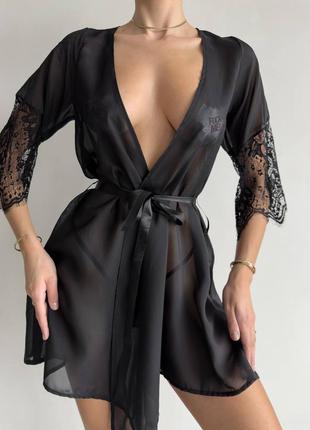 Полупрозрачный черный халат с кружевом🖤