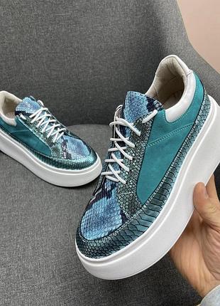 Комбіновані кеди jane на подвійній підошві натуральна шкіра та замш блакитні бірюзові