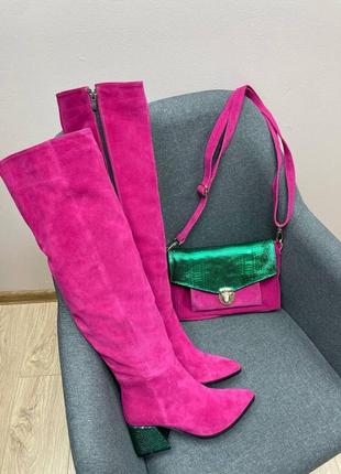 Яскраві замшеві високі чоботи vikka 55 фуксія малиновий замш зима демі