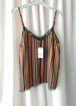 Бренд jennifer блуза майка в смужку прикрашена мереживом на регульованих бретелях розмір на бирці вк