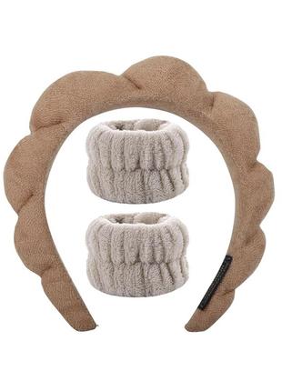Набор для умывания обруч и нарукавники плюшевые для умывания коричневый