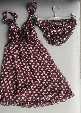 Комплект baby doll пеньюар и трусики hm, новый, шифоновый, черный в розовые сердца на рост до 165 см, размер s.