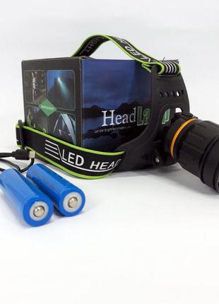 Ліхтар налобний bl-a8-p50, 2 акумулятори 18650, zoom, зу microusb, ліхтарик на голову із зарядкою.w+