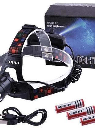 Фонарь налобный x-balong xq-218-hp50 аккумуляторный led zoom с функцией power bank 3 режима работы.w+