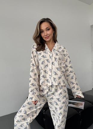 191 christel фланелева піжама сорочка і штани  бавовна з квітами ніжа і комфортна