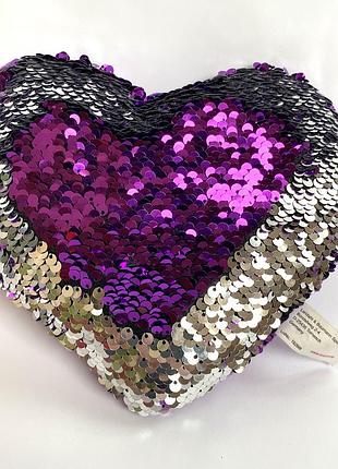 Мягкая игрушка сердце в пайетку сердечко фиолетовое серебристое