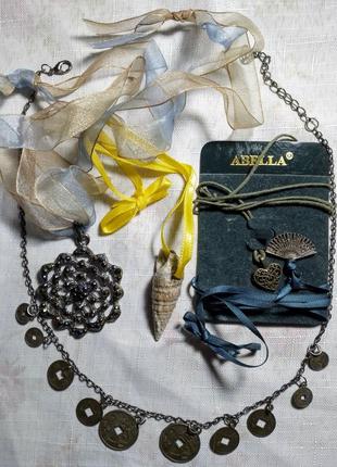 Колье подвески китайские монетки дракон феникс, веер. сердечко, металл, ракушка набор 5 шт