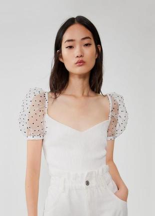 Кроп топ блуза білий в крапинку в горох рукава фонарики пуфи zara зара