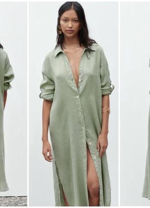 Шикарное платье zara хаки льняная рубашка блуза туника из льна лляная льон4 фото