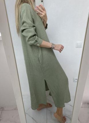 Шикарное платье zara хаки льняная рубашка блуза туника из льна лляная льон5 фото