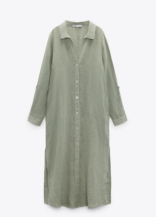 Шикарное платье zara хаки льняная рубашка блуза туника из льна лляная льон6 фото