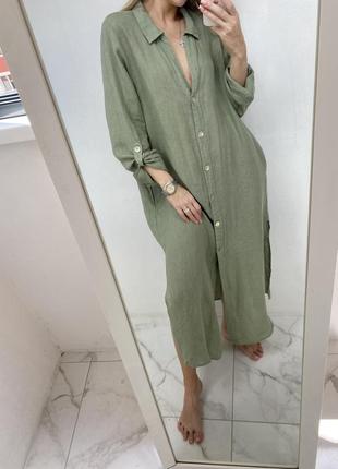 Шикарное платье zara хаки льняная рубашка блуза туника из льна лляная льон