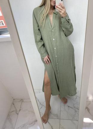 Шикарное платье zara хаки льняная рубашка блуза туника из льна лляная льон2 фото