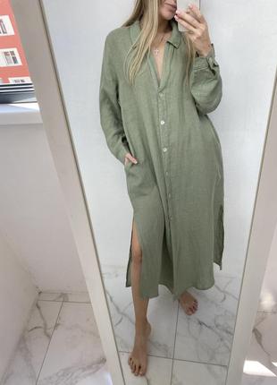Шикарное платье zara хаки льняная рубашка блуза туника из льна лляная льон7 фото