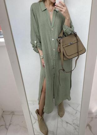 Шикарное платье zara хаки льняная рубашка блуза туника из льна лляная льон8 фото