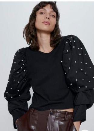 Блуза черный хлопок с объемным рукавом zara с перлами